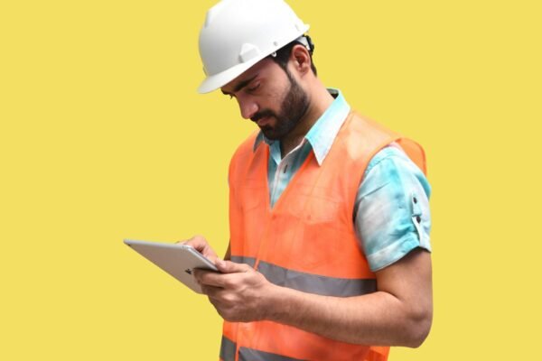 A person wearing a hard hat and looking at a tablet