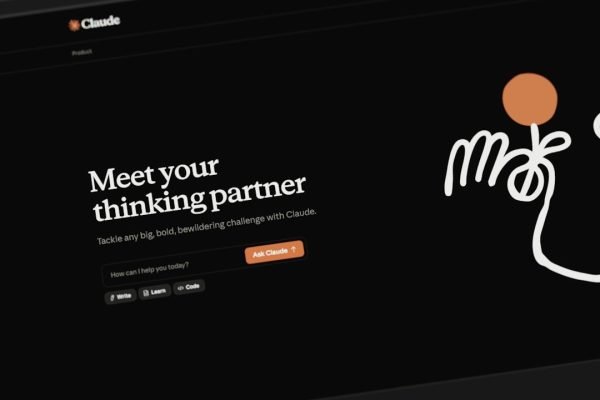 Website interface with text and abstract drawing