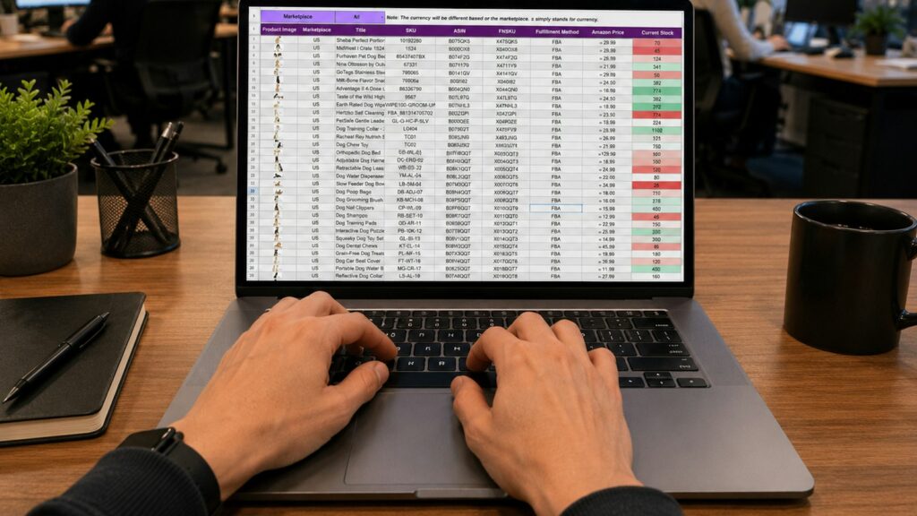 Hands typing on a laptop displaying a data spreadsheet