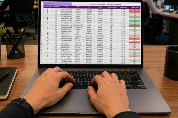 Hands typing on a laptop displaying a data spreadsheet