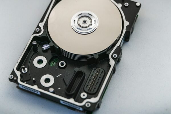 Silver and black hard disk drive
