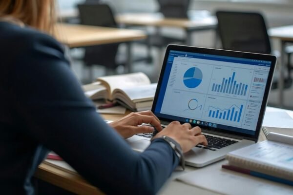 Woman working on laptop with charts and graphs