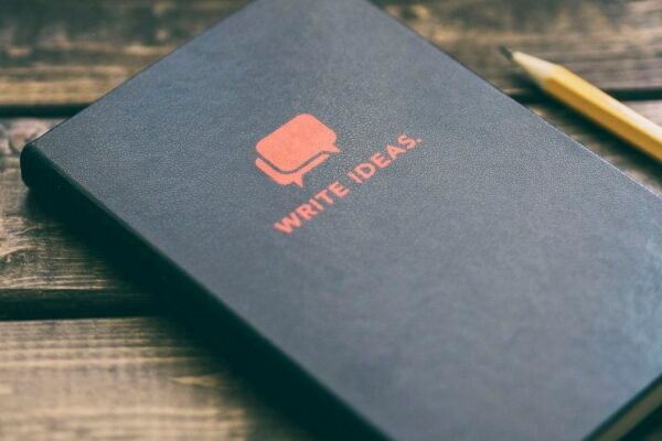 Write Ideas book on brown wooden board