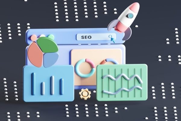 3D illustration of an SEO dashboard with charts and a rocket