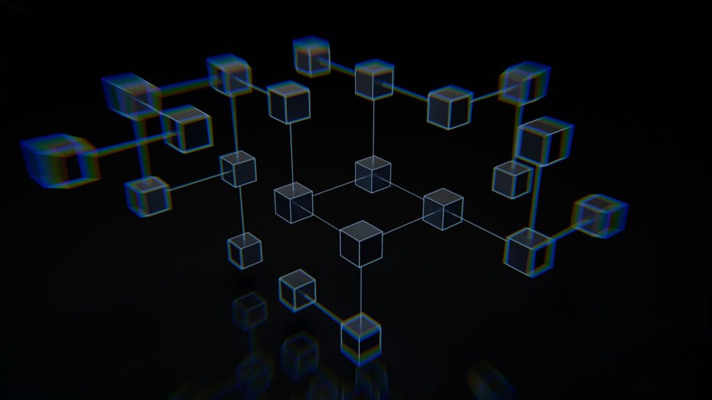 Abstract network of connected cubes representing linked business systems