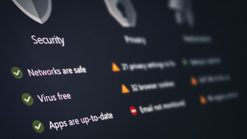 Security dashboard confirming networks are safe, virus free and apps are up to date