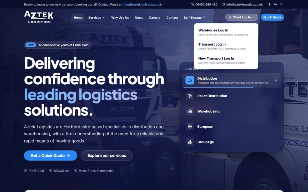 Aztek Logistics redesign client log in menu bringing the warehouse and transport portals together