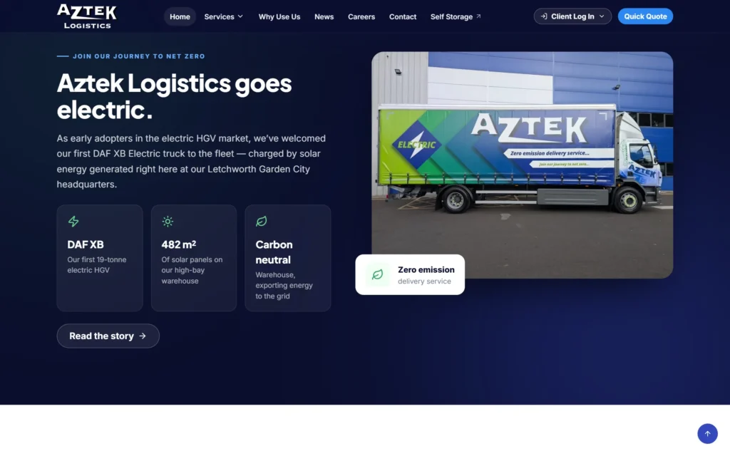 Aztek Logistics redesign sustainability section featuring the DAF XB electric HGV