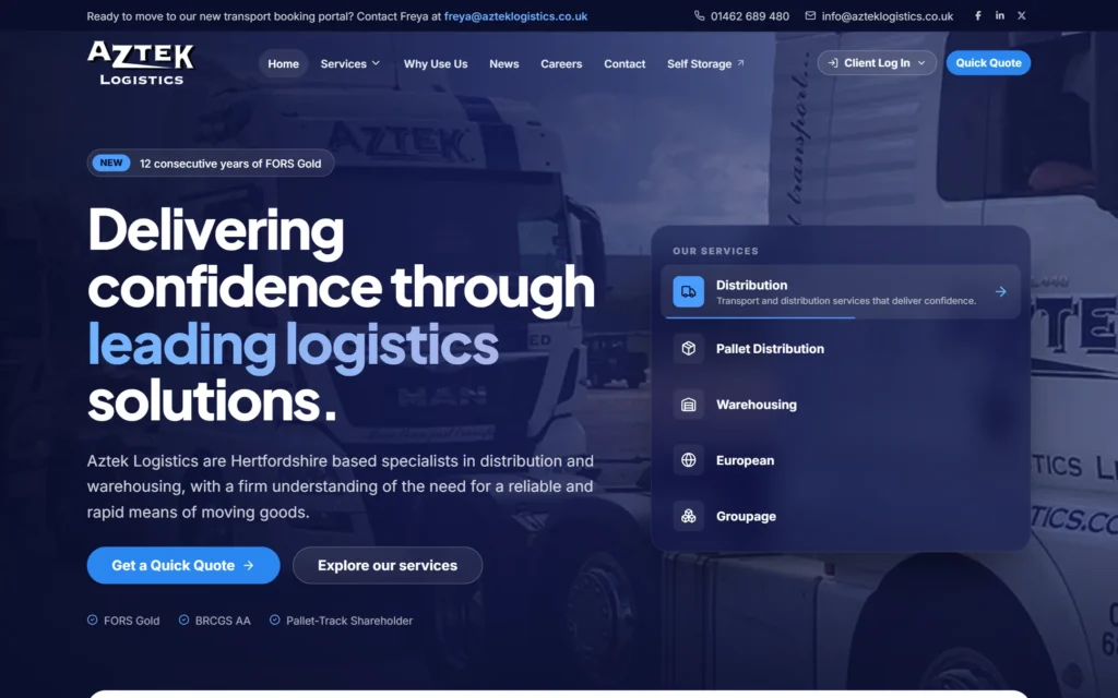 Aztek Logistics redesign home page: delivering confidence through leading logistics solutions