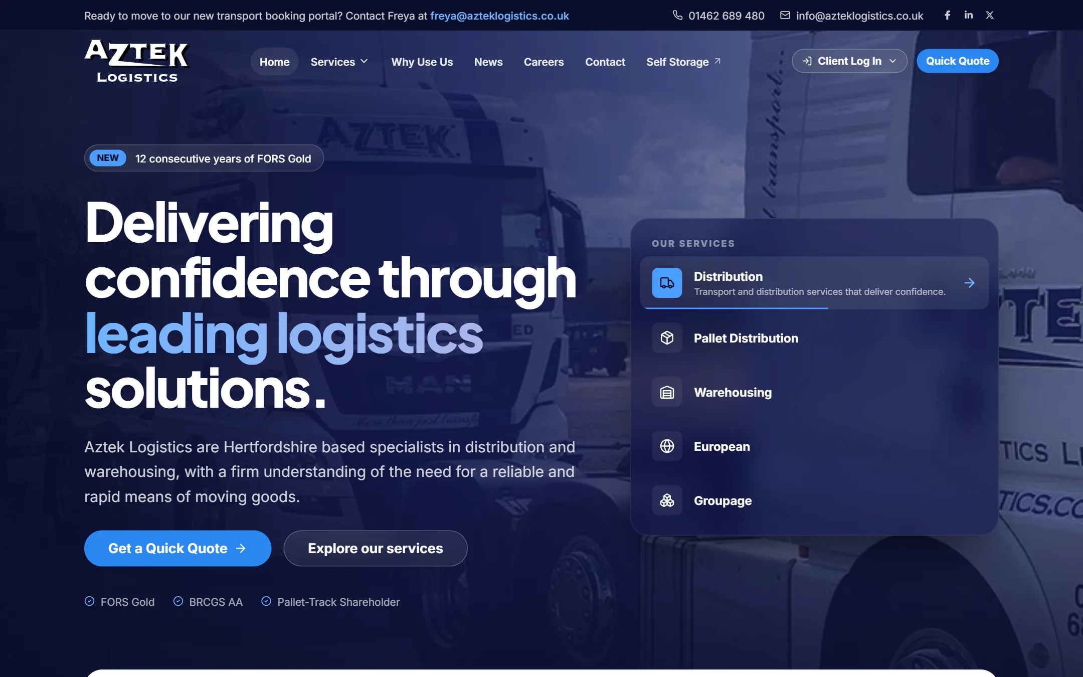 Aztek Logistics redesign home page: delivering confidence through leading logistics solutions