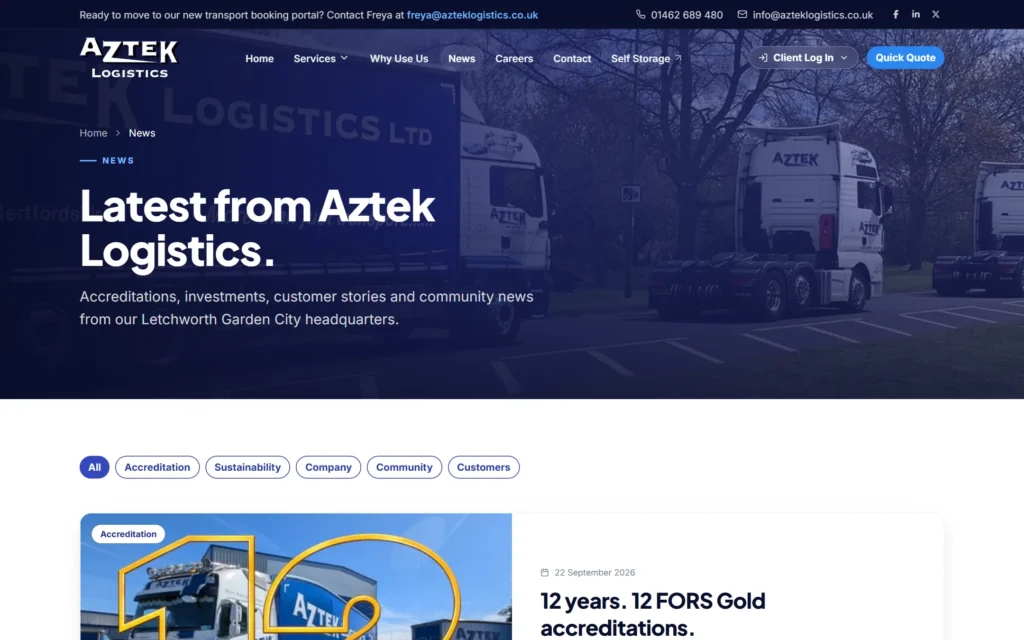 Aztek Logistics redesign news page with category filters