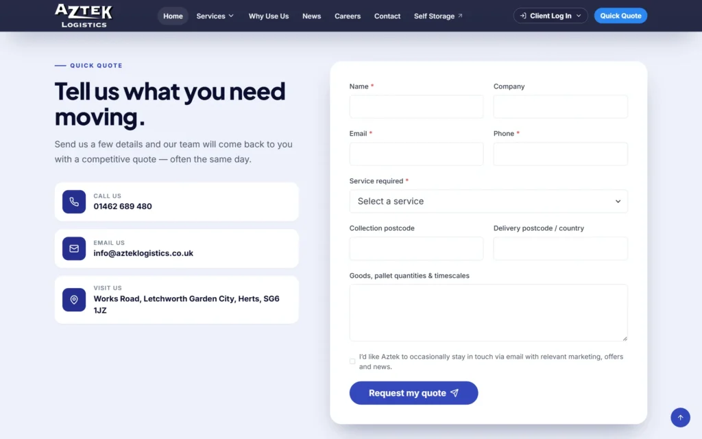 Aztek Logistics redesign quick quote form with collection and delivery postcodes