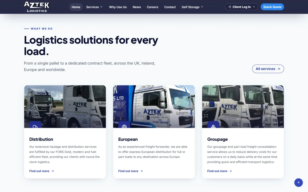 Aztek Logistics redesign service cards for distribution, European and groupage
