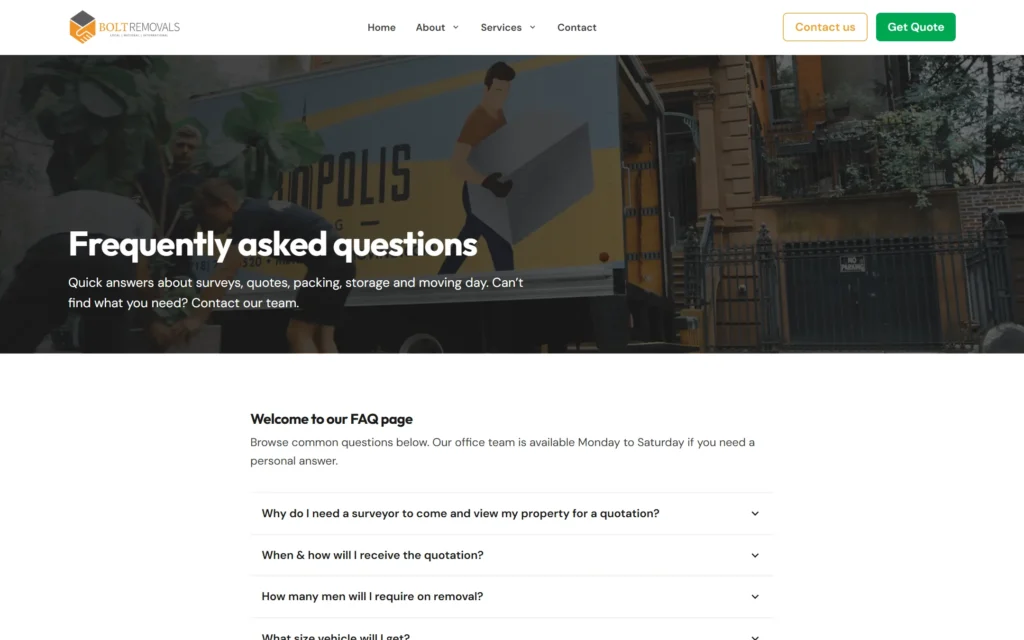 Bolt Removals redesign FAQ page with expandable questions