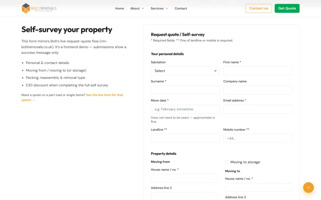 Bolt Removals redesign request quote and self-survey form