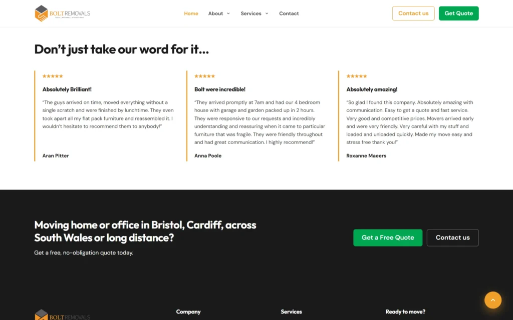 Bolt Removals redesign five-star customer reviews and quote call to action