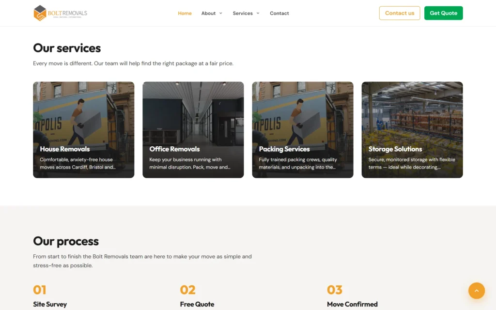 Bolt Removals redesign services cards for house, office, packing and storage