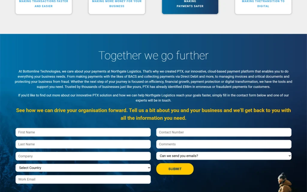 Bottomline Together we go further section with the Marketo contact form