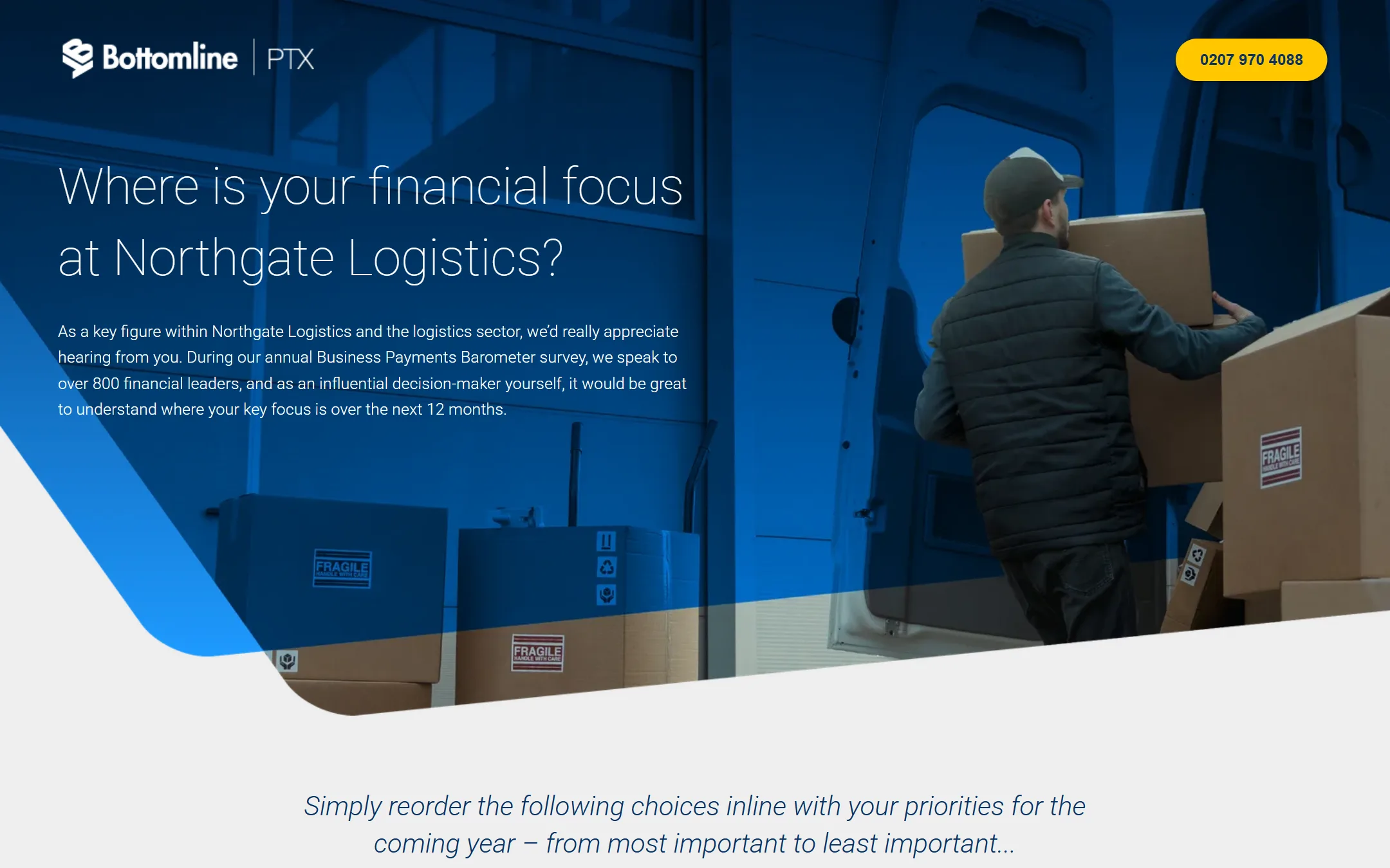 Bottomline PTX landing page hero personalised with a sample company name