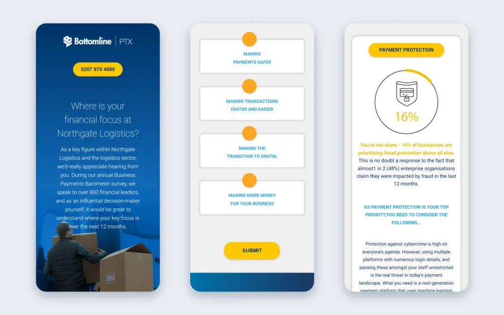 Bottomline personalised landing page on mobile: hero, priority cards and result