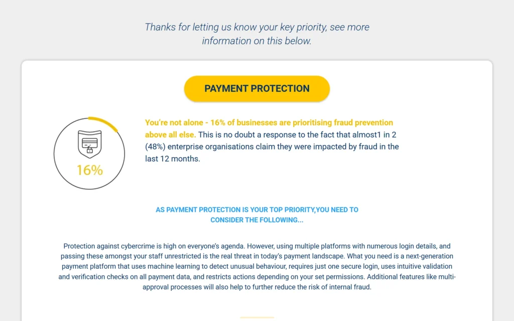 Bottomline results slider showing the payment protection insight for the top priority
