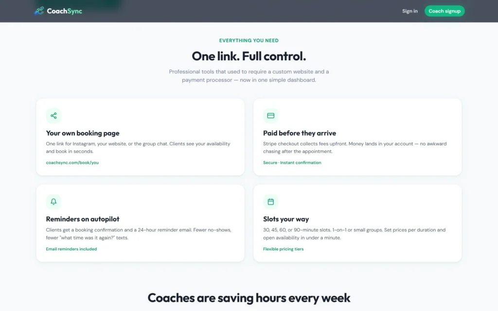 CoachSync features: booking page, upfront payments, reminders and flexible slots
