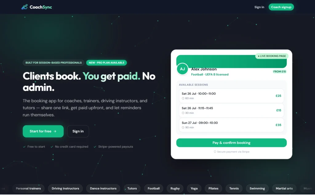 CoachSync homepage: clients book, you get paid, no admin