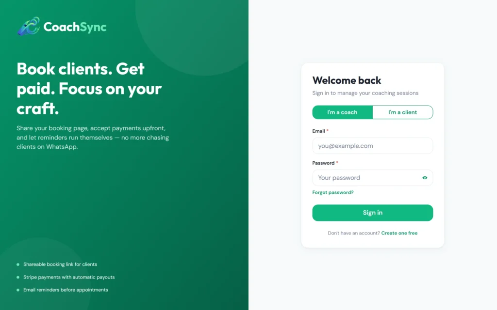 CoachSync sign-in with separate coach and client accounts