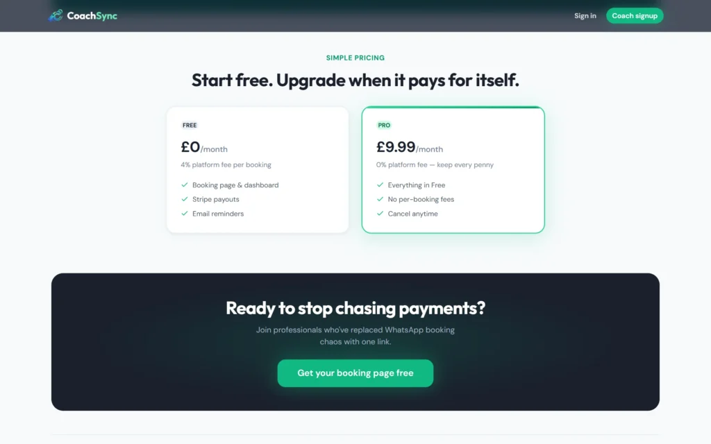 CoachSync pricing: free plan or Pro with no platform fee