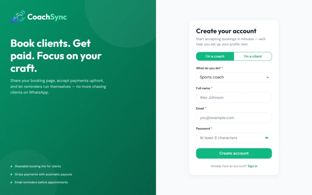 CoachSync coach sign-up form