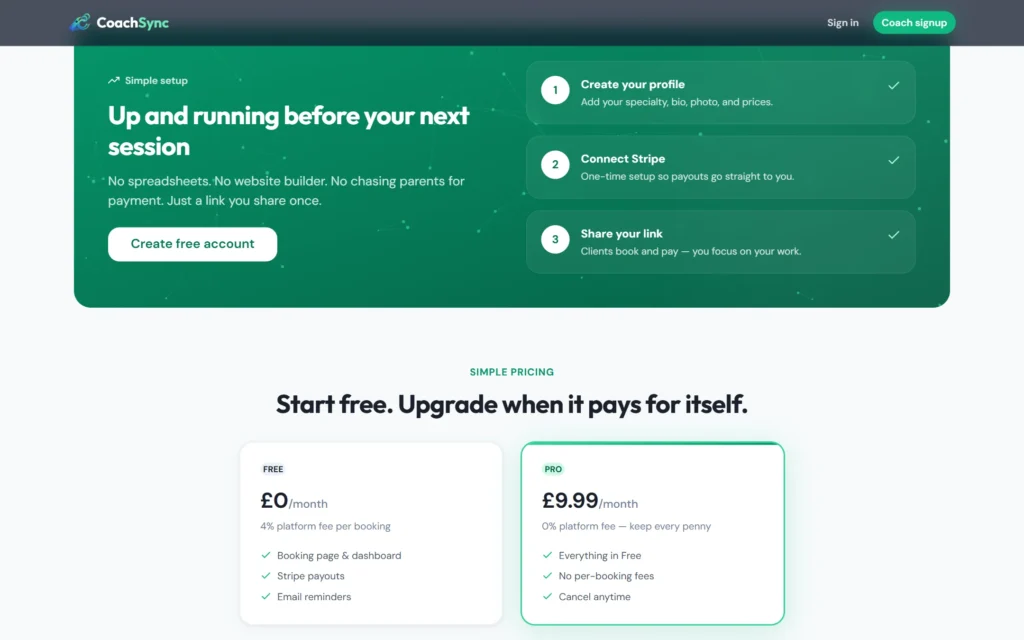 CoachSync setup in three steps: create a profile, connect Stripe, share your link