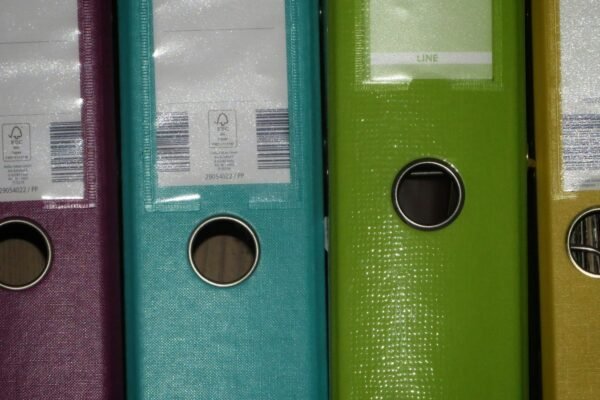 Spines of four colourful lever arch files with labels and finger holes, side by side