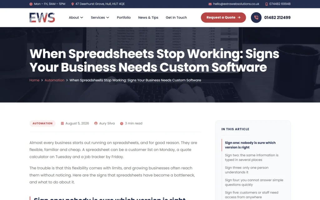 Extra Web Solutions blog article layout with an In This Article contents card