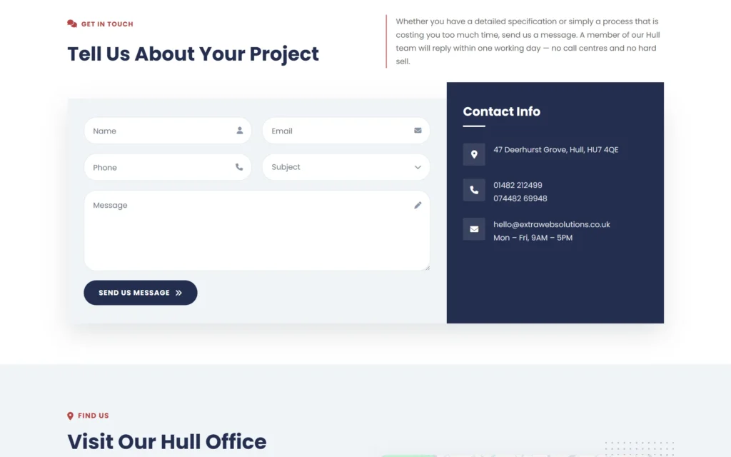 Extra Web Solutions get in touch page with the project enquiry form and contact details