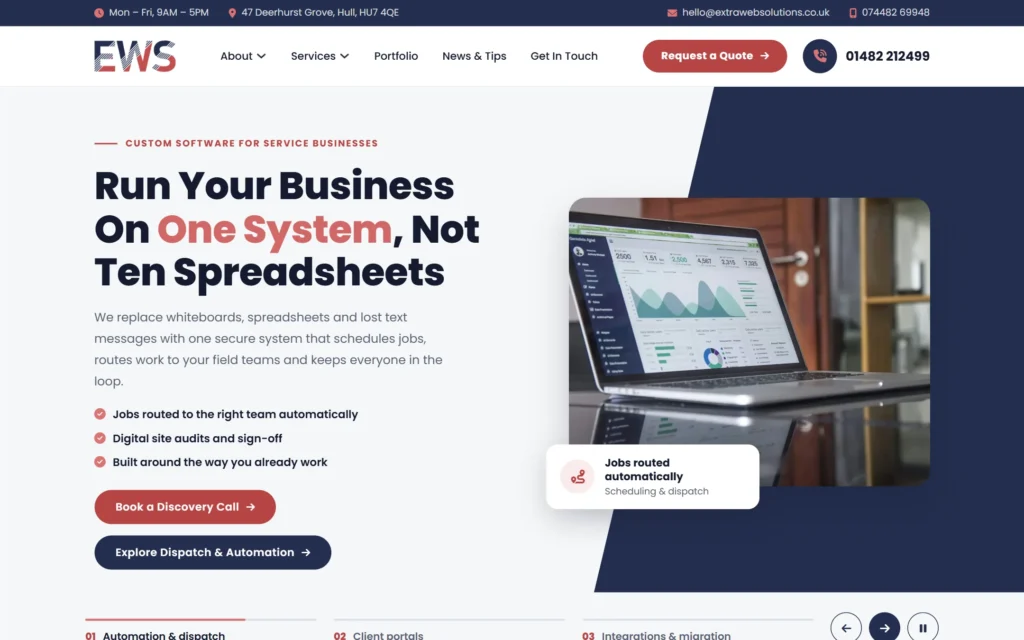 Extra Web Solutions homepage hero: custom software and websites for service businesses in Hull