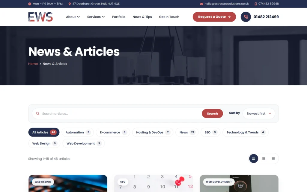 Extra Web Solutions news and insights archive with search and category filters