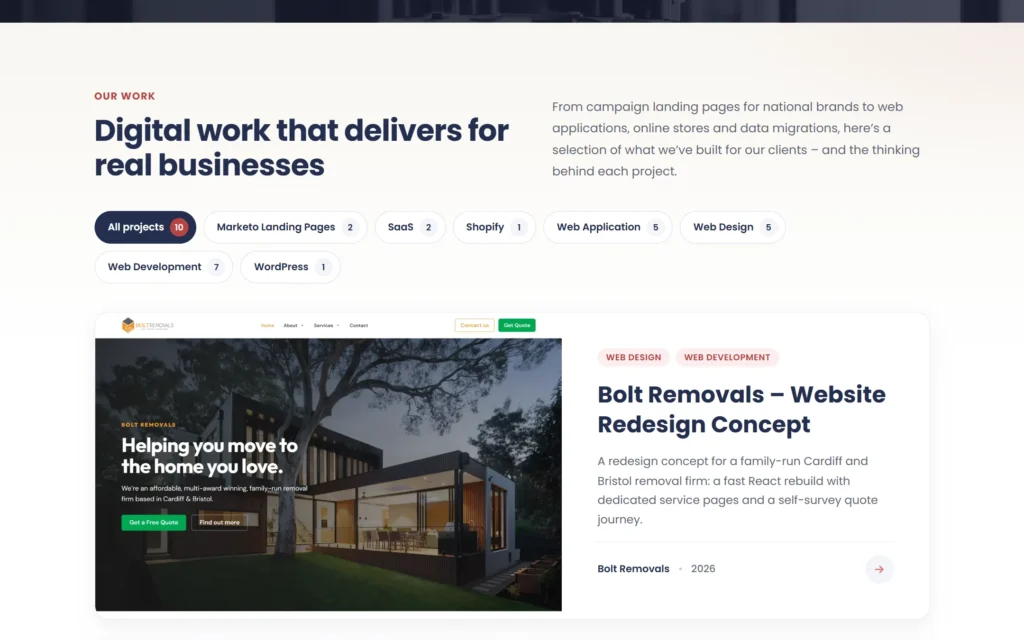 Extra Web Solutions portfolio archive with project type filters