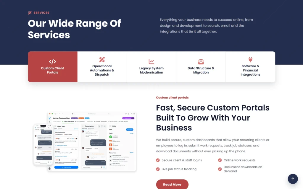 Extra Web Solutions services section with tabs for portals, automations, modernisation, data and integrations