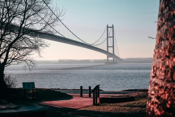 The Humber Bridge spanning the estuary, seen from the Hessle shore through bare winter trees