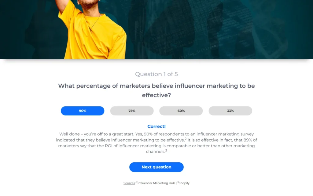 Influencer Intelligence quiz correct answer state with sourced feedback and next question button