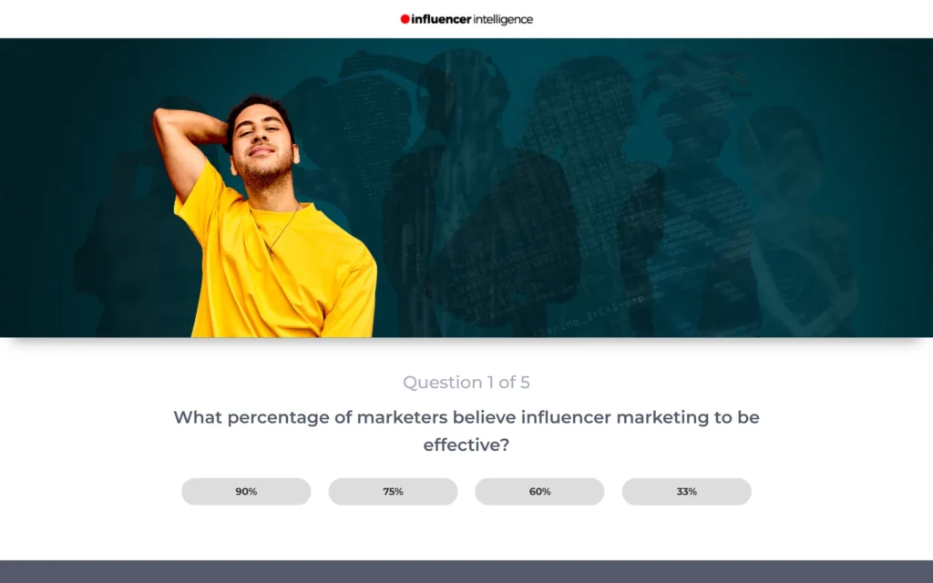 Influencer Intelligence interactive quiz: question 1 with answer buttons and influencer banner