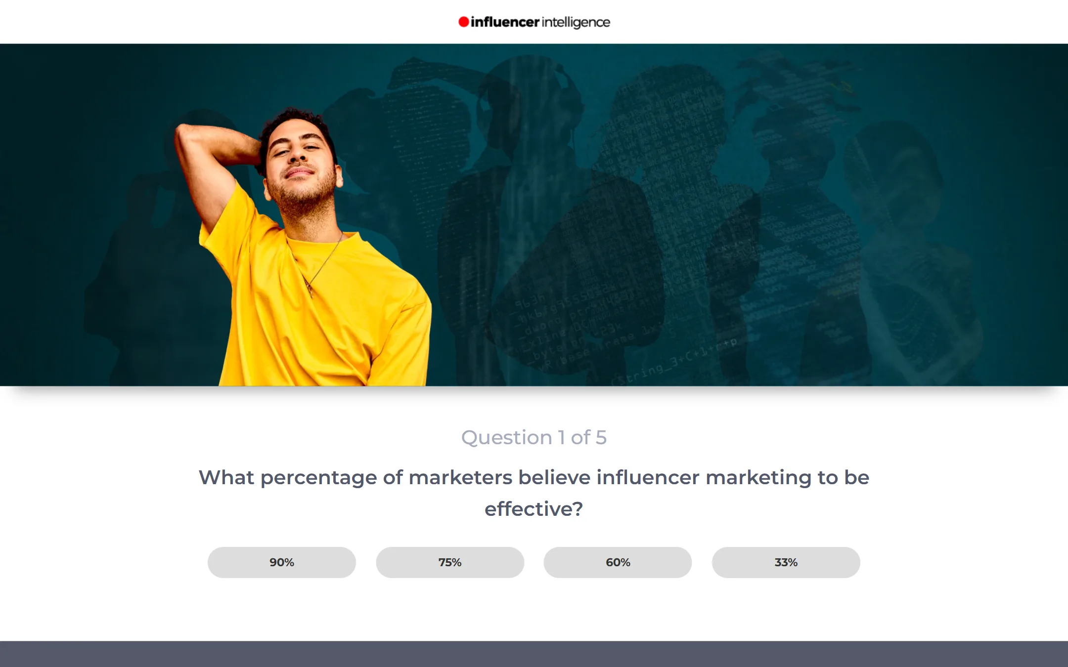 Influencer Intelligence interactive quiz: question 1 with answer buttons and influencer banner