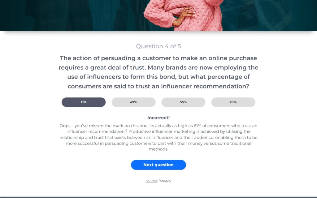 Influencer Intelligence quiz incorrect answer state explaining the right answer