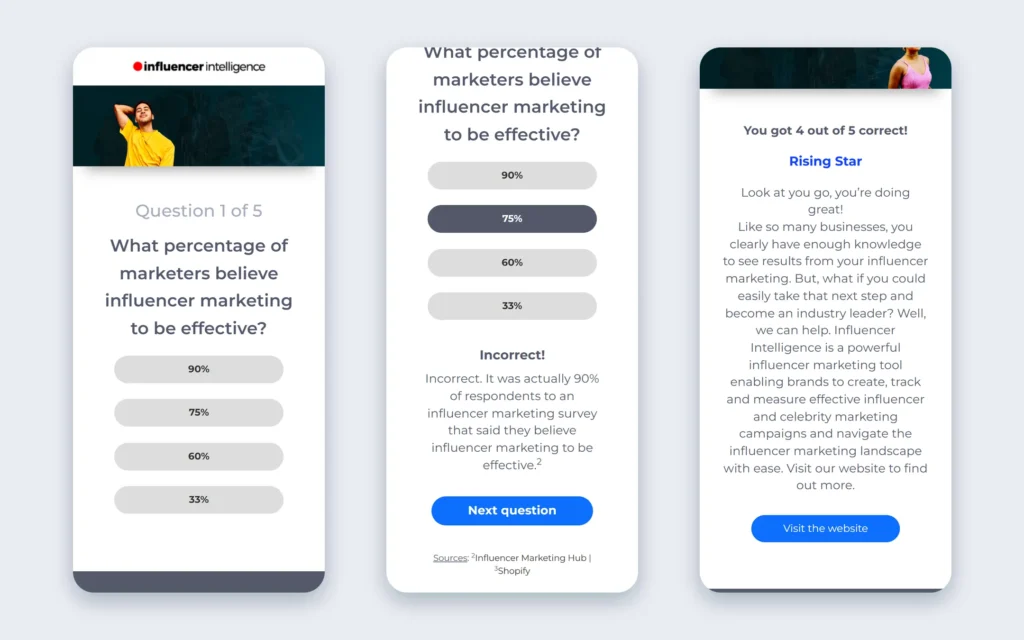 Influencer Intelligence quiz on mobile: question, answer feedback and Rising Star result