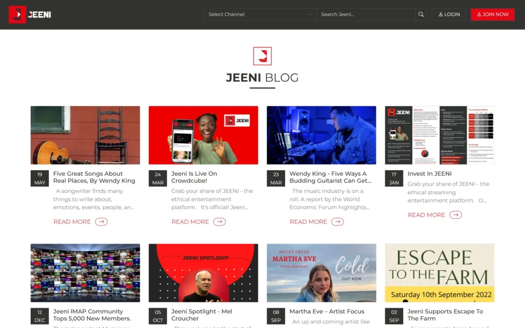 JEENI blog listing with artist features, reviews and platform news