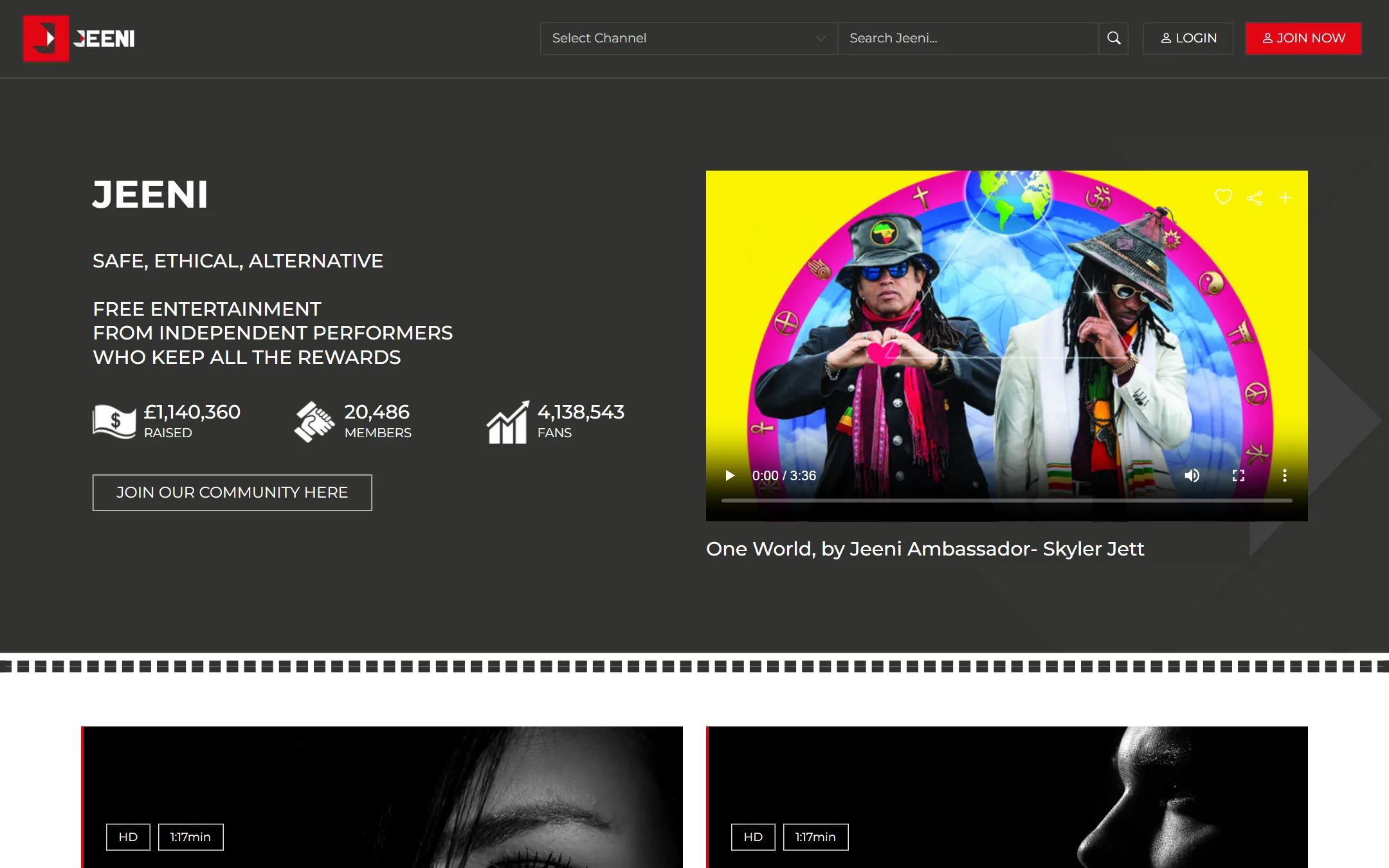 JEENI homepage hero: safe, ethical, alternative entertainment with platform stats and a featured music video