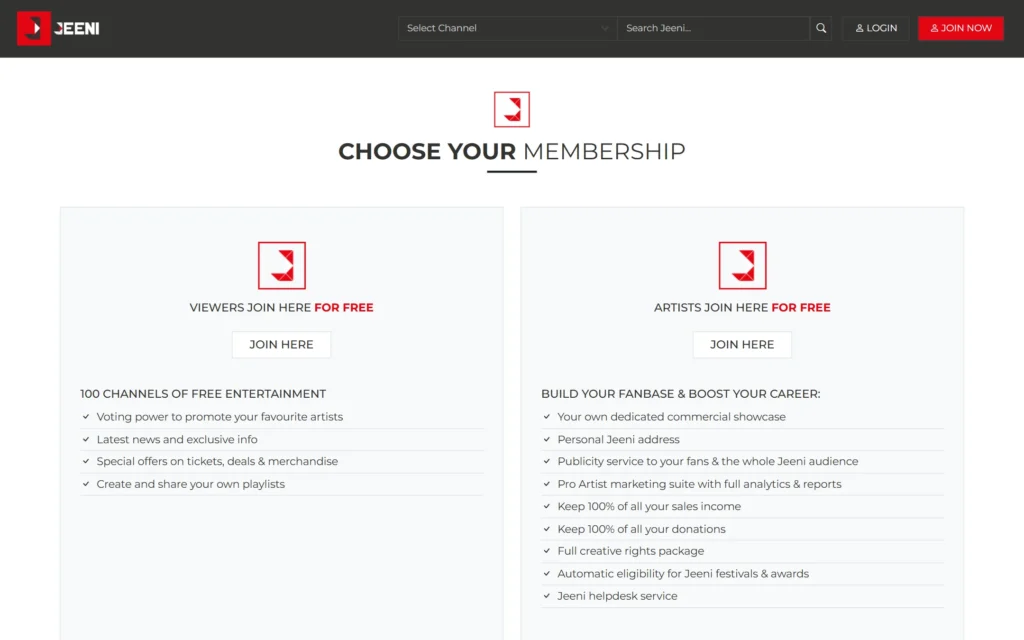 JEENI Choose Your Membership page comparing free viewer and artist accounts