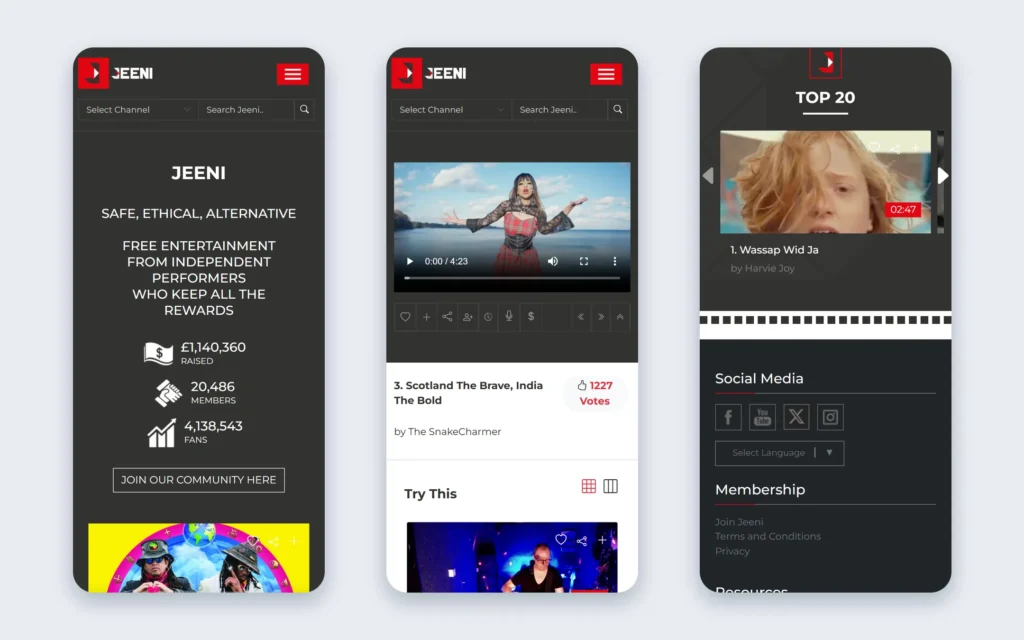 JEENI on mobile: homepage, track page and Top 20 chart