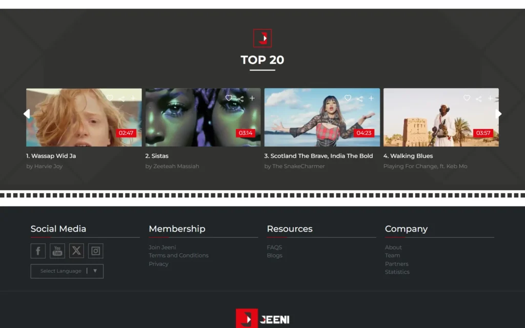 JEENI Top 20 chart carousel of fan-voted music videos