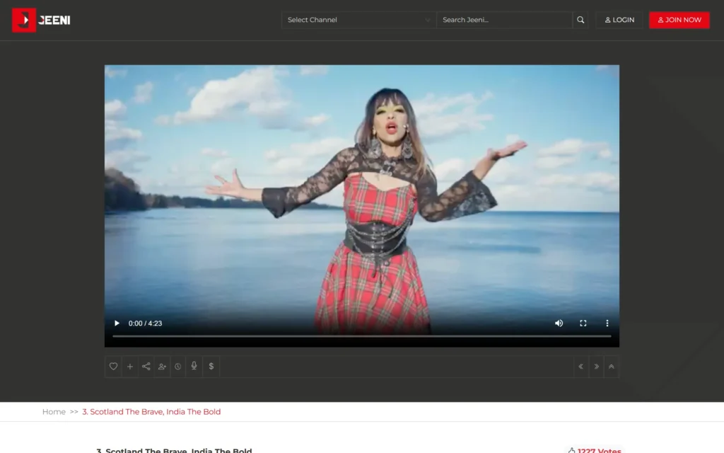 JEENI track page with the video player and action bar for likes, playlists, sharing and donations
